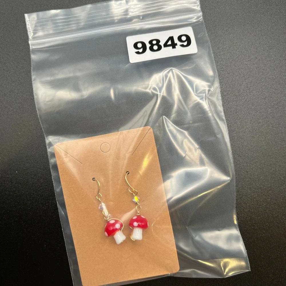 Magic Mushroom Earrings‎ AB Crystal Red White Glass Cottagecore Whimsical